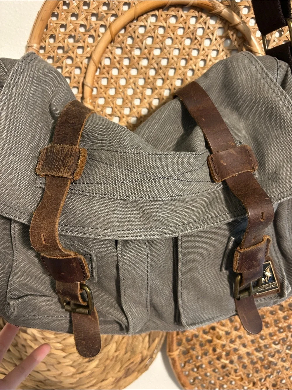 Peace Chaos Canvas Messenger Bag with Brown Leather Straps